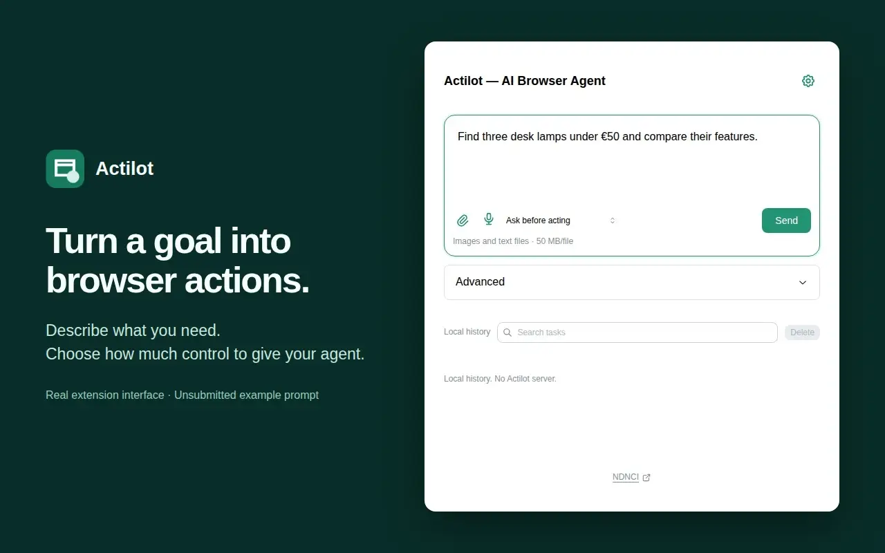 Actilot's browser agent with a task prompt and extension controls