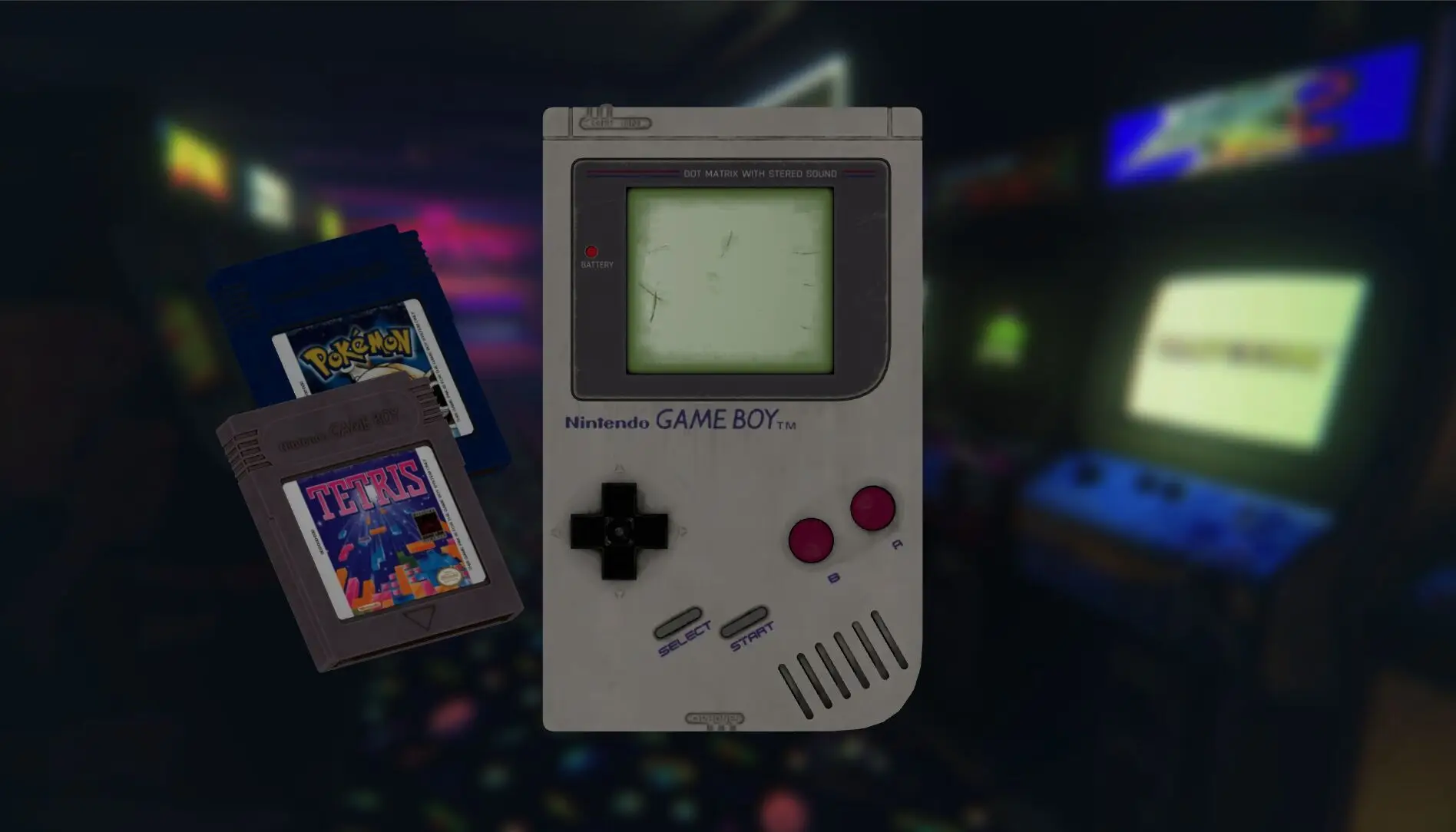 The Gameboy-inspired 3D scene, with game cartridges